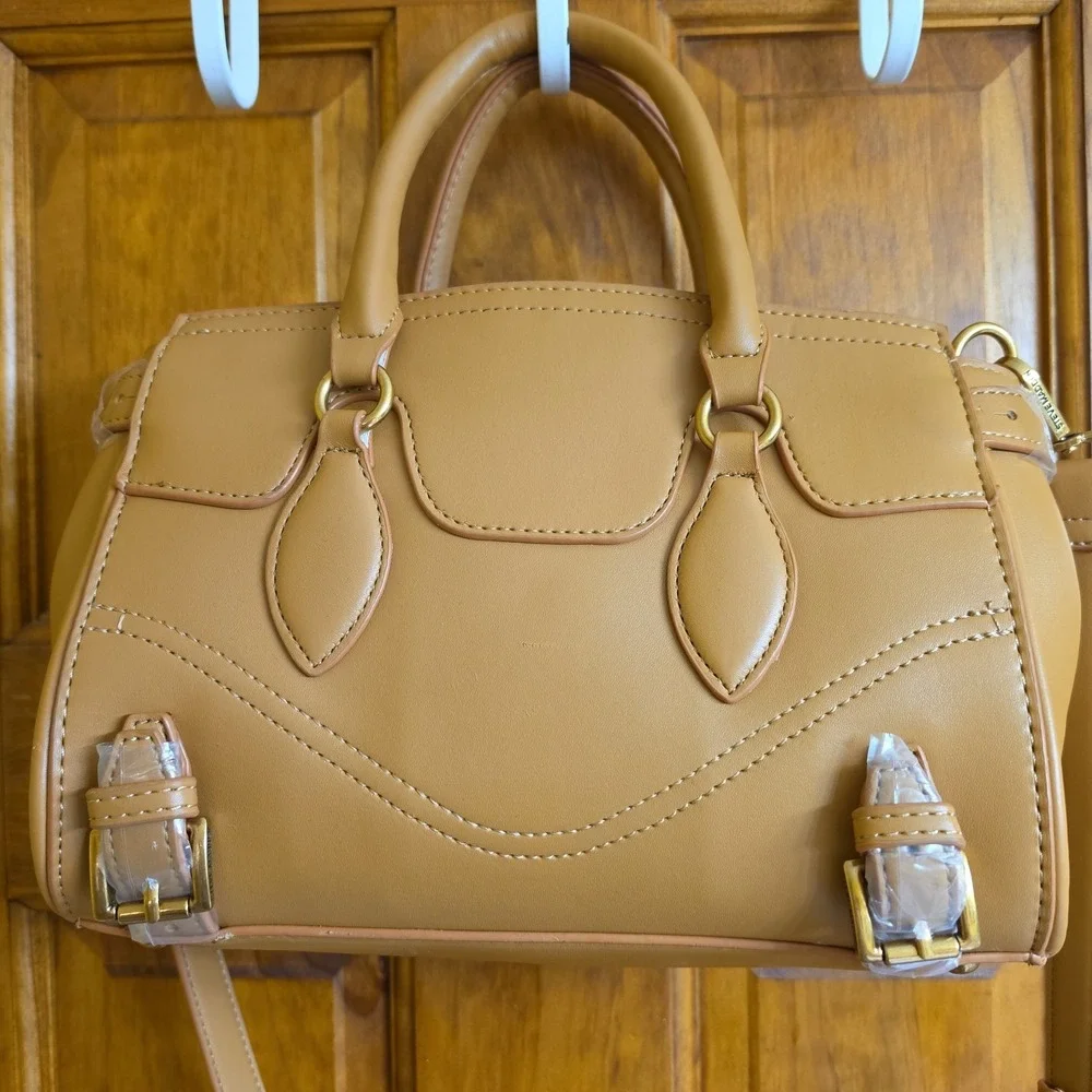 Steve Madden Medium Satchel Handbag Women Tan Faux Leather Gold Hardware New